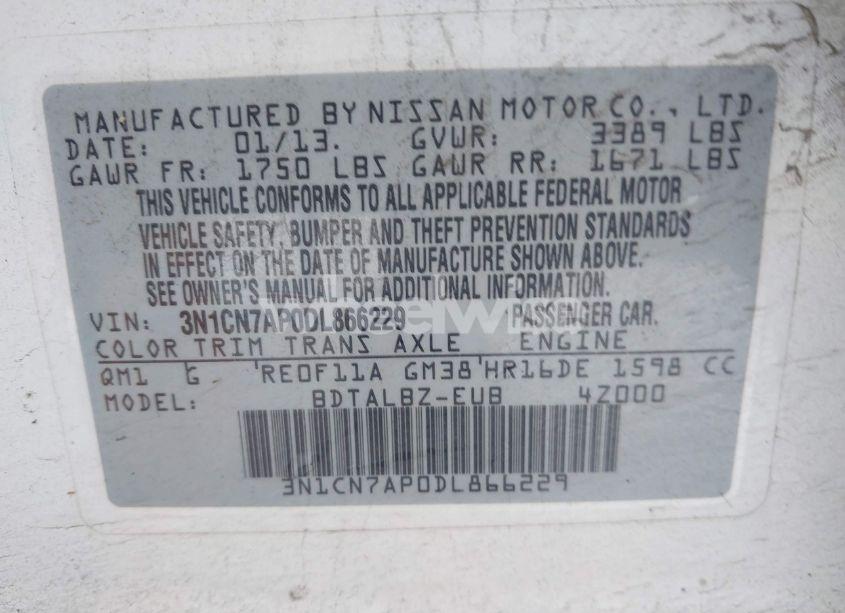 Photo 9 of 2013 Nissan Versa 1.6 SV (VIN 3N1CN7AP0DL866229)