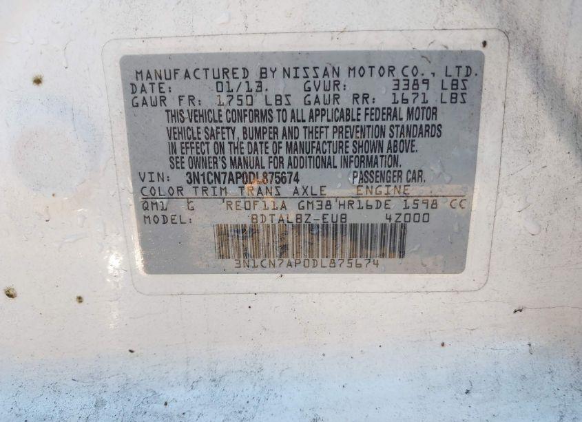 Photo 9 of 2013 Nissan Versa 1.6 SV (VIN 3N1CN7AP0DL875674)