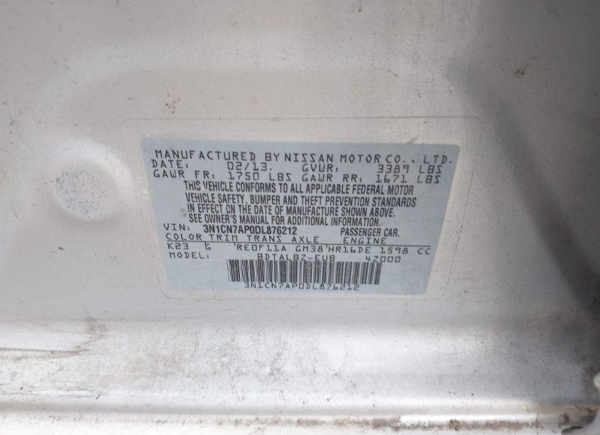 Photo 9 of 2013 Nissan Versa 1.6 SV (VIN 3N1CN7AP0DL876212)