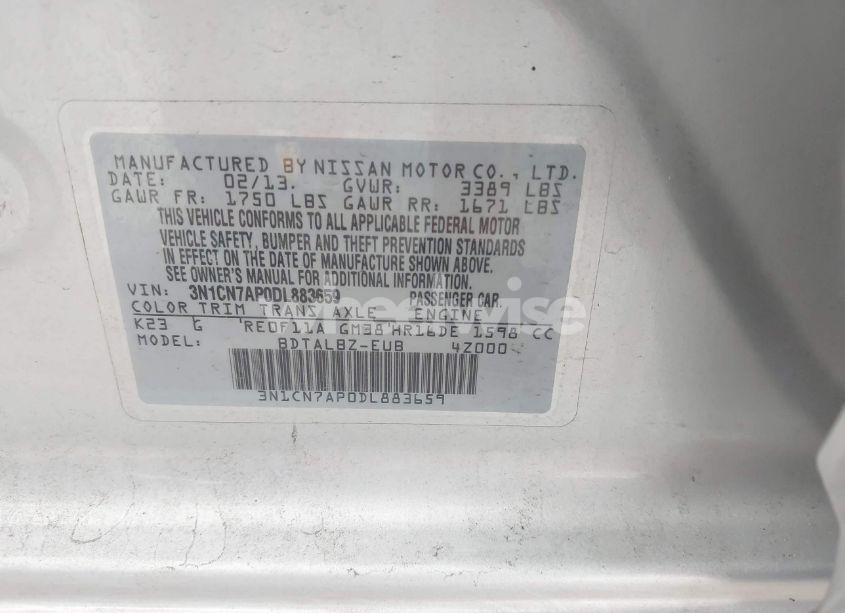 Photo 9 of 2013 Nissan Versa 1.6 SV (VIN 3N1CN7AP0DL883659)