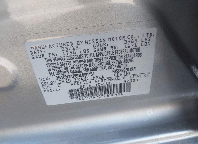 Photo 9 of 2013 Nissan Versa 1.6 SV (VIN 3N1CN7AP0DL890451)