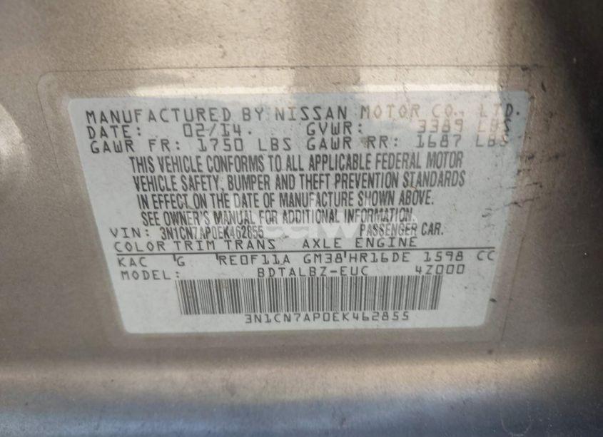 Photo 9 of 2014 Nissan Versa 1.6 S/1.6 S+/1.6 SL/1.6 SV (VIN 3N1CN7AP0EK462855)