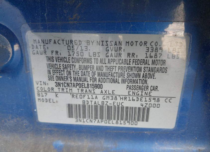 Photo 9 of 2014 Nissan Versa 1.6 SV (VIN 3N1CN7AP0EL815900)