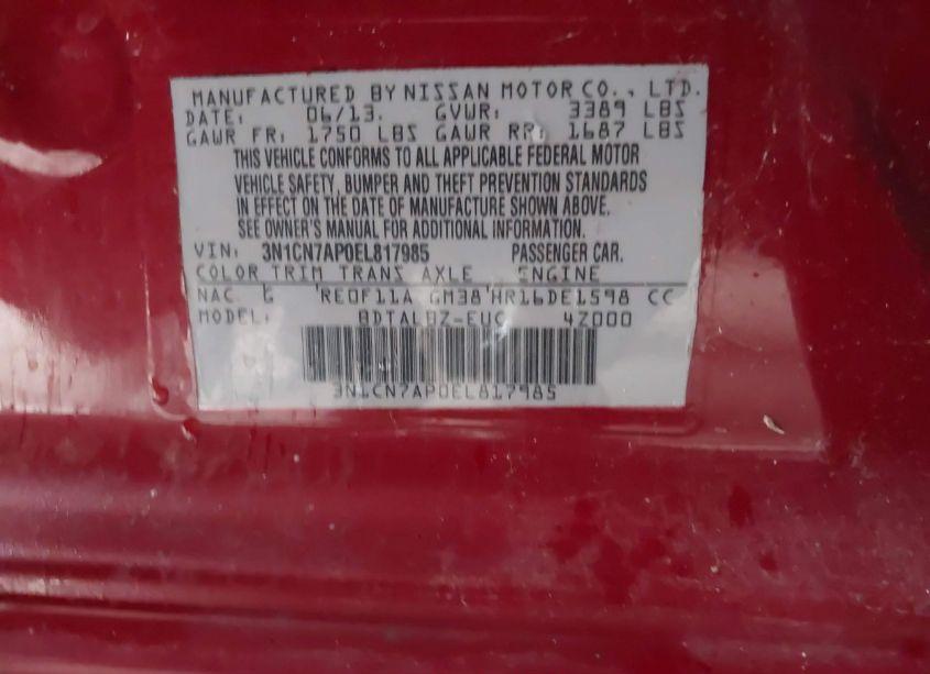 Photo 9 of 2014 Nissan Versa 1.6 SV (VIN 3N1CN7AP0EL817985)