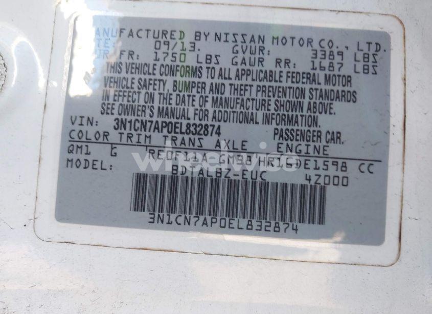 Photo 9 of 2014 Nissan Versa 1.6 SV (VIN 3N1CN7AP0EL832874)