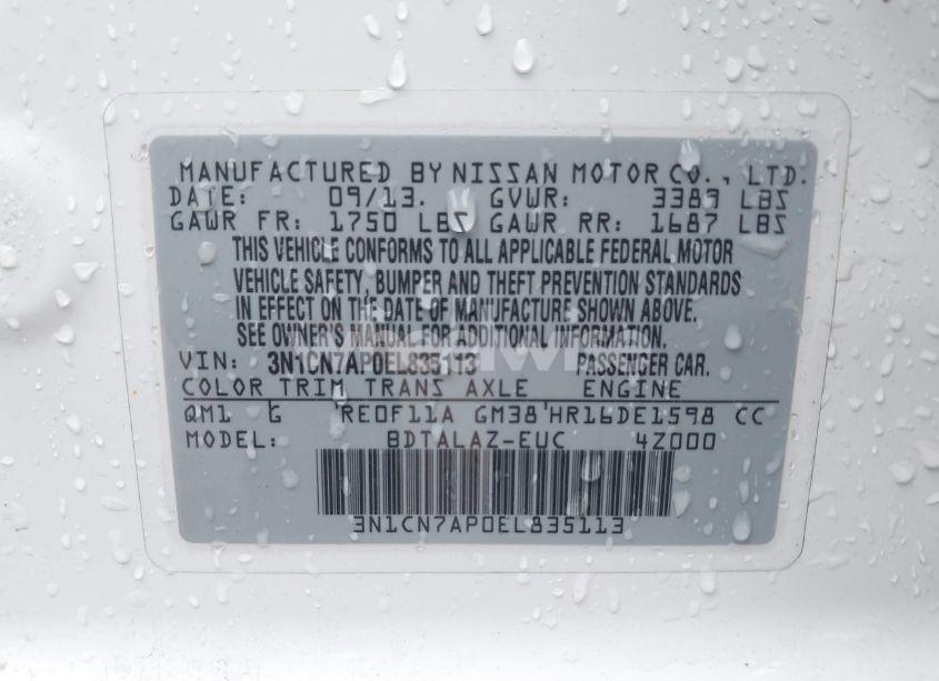 Photo 9 of 2014 Nissan Versa 1.6 S+ (VIN 3N1CN7AP0EL835113)