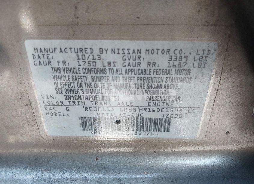 Photo 9 of 2014 Nissan Versa 1.6 S+ (VIN 3N1CN7AP0EL839761)