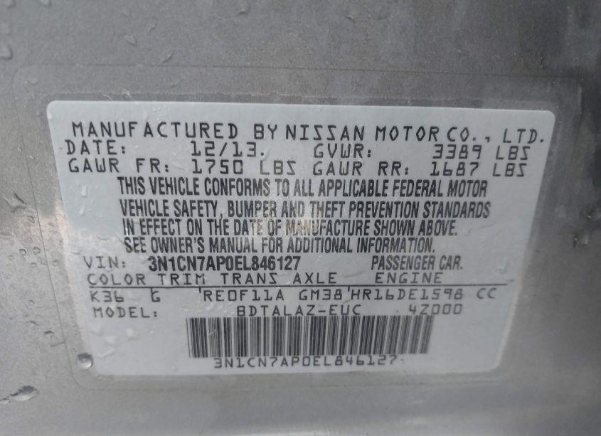 Photo 9 of 2014 Nissan Versa 1.6 S+ (VIN 3N1CN7AP0EL846127)