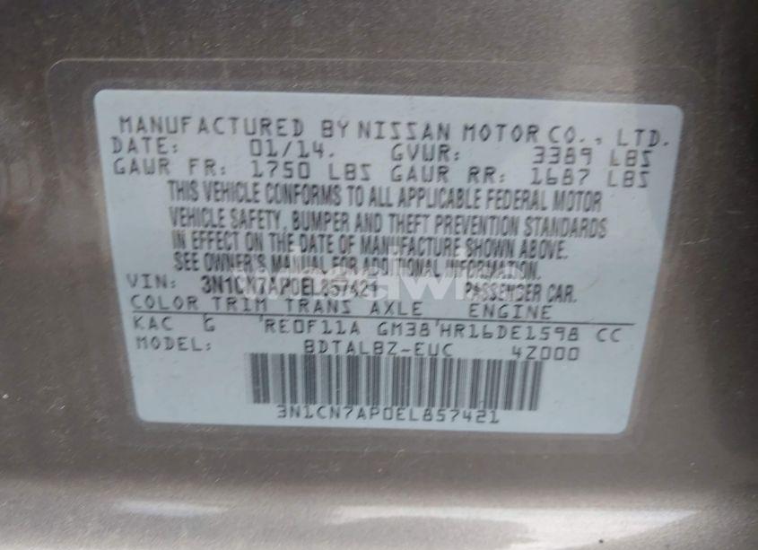 Photo 9 of 2014 Nissan Versa 1.6 SV (VIN 3N1CN7AP0EL857421)