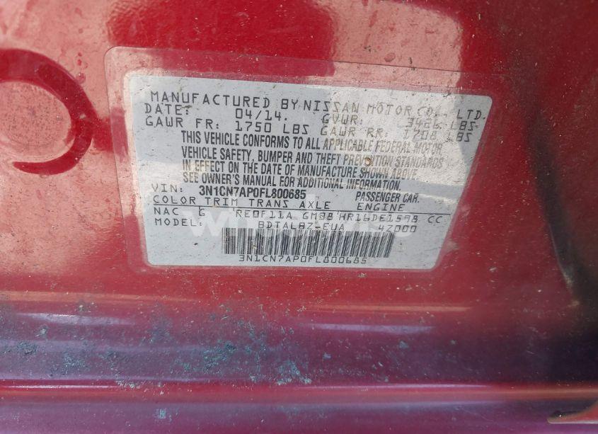 Photo 9 of 2015 Nissan Versa 1.6 SV (VIN 3N1CN7AP0FL800685)