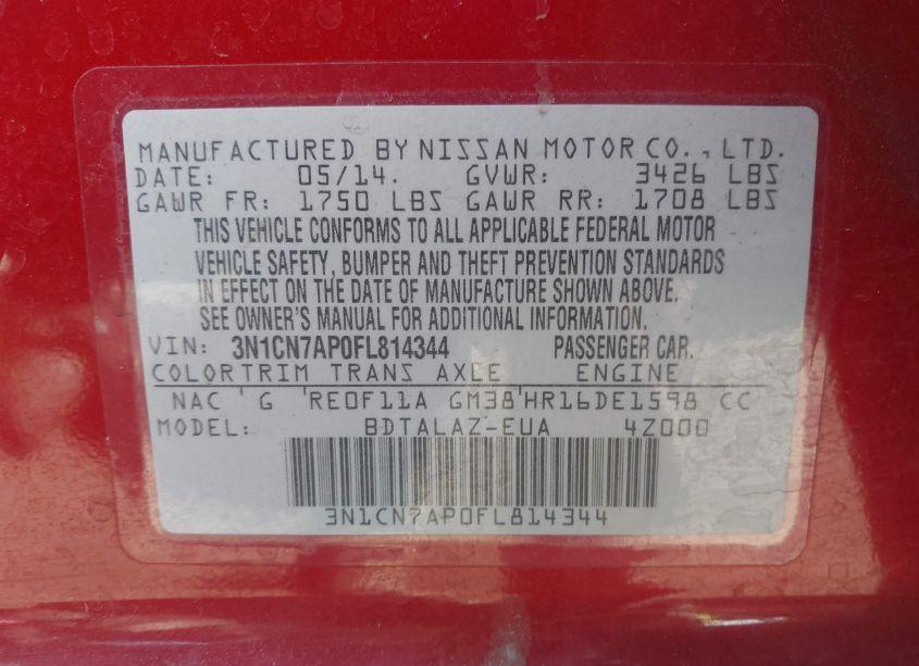 Photo 9 of 2015 Nissan Versa 1.6 S+ (VIN 3N1CN7AP0FL814344)