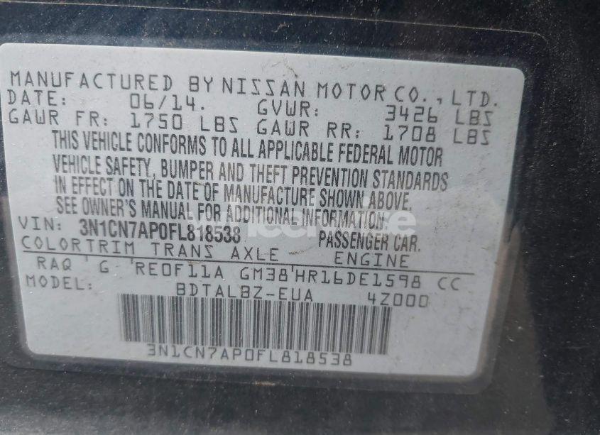 Photo 9 of 2015 Nissan Versa 1.6 SV (VIN 3N1CN7AP0FL818538)