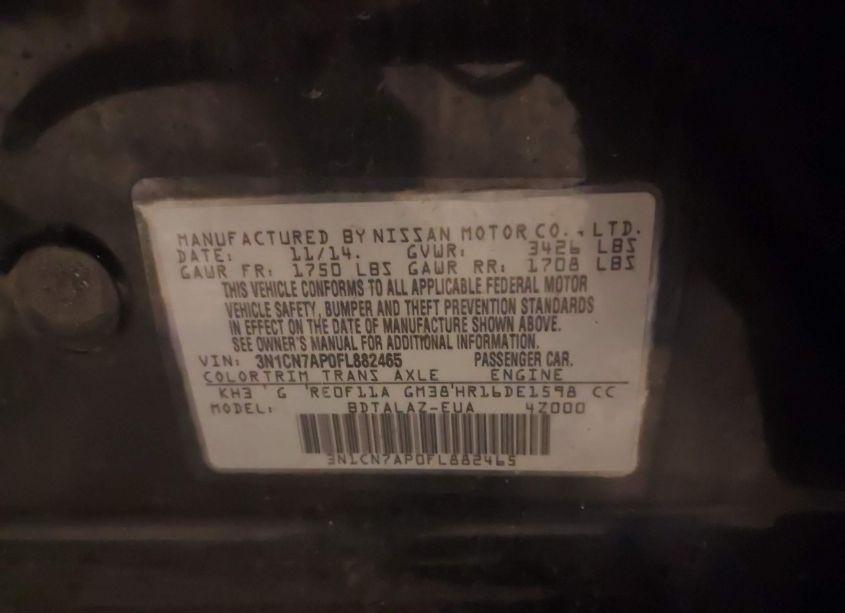 Photo 9 of 2015 Nissan Versa 1.6 S+ (VIN 3N1CN7AP0FL882465)