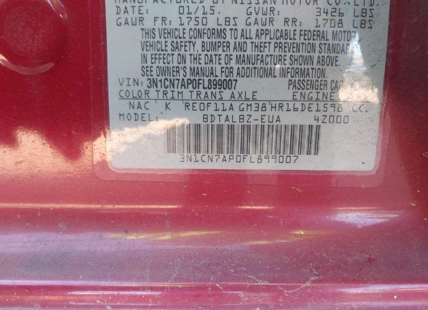 Photo 9 of 2015 Nissan Versa 1.6 SV (VIN 3N1CN7AP0FL899007)