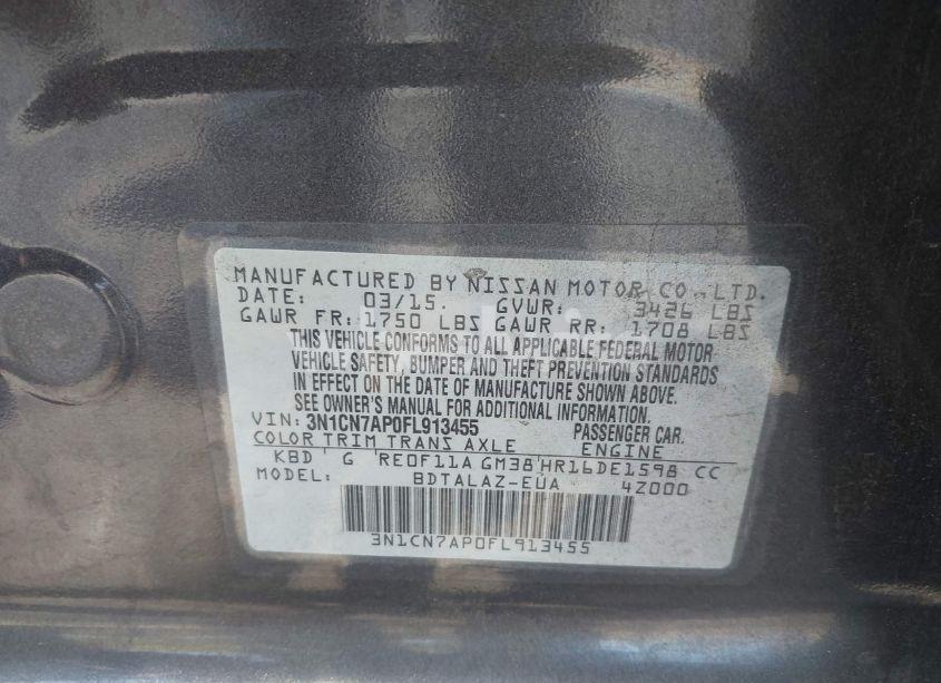 Photo 9 of 2015 Nissan Versa 1.6 S+ (VIN 3N1CN7AP0FL913455)