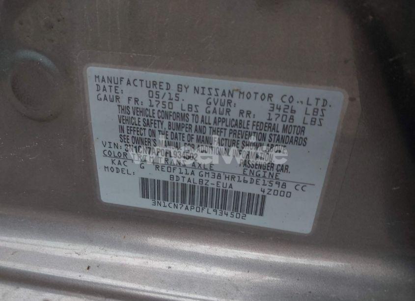 Photo 9 of 2015 Nissan Versa 1.6 S/1.6 S+/1.6 SL/1.6 SV (VIN 3N1CN7AP0FL934502)