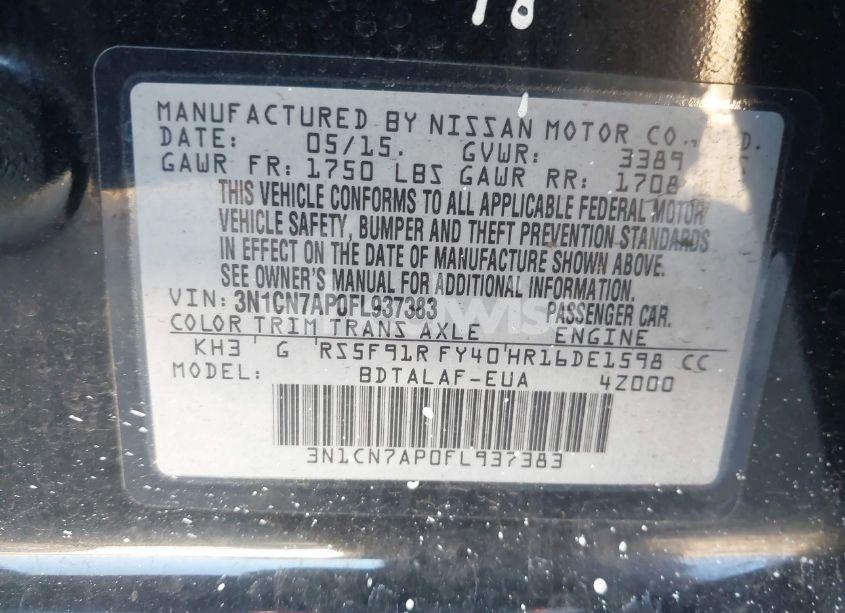 Photo 9 of 2015 Nissan Versa 1.6 S (VIN 3N1CN7AP0FL937383)