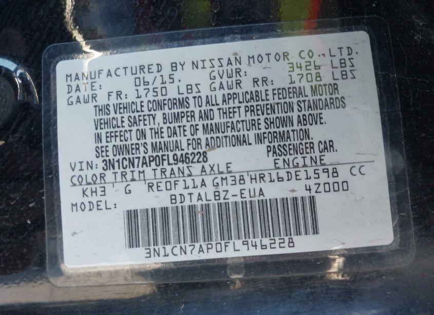 Photo 9 of 2015 Nissan Versa 1.6 SV (VIN 3N1CN7AP0FL946228)
