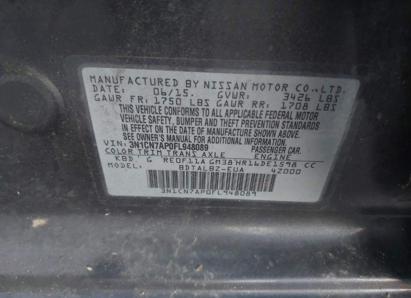 Photo 9 of 2015 Nissan Versa 1.6 SV (VIN 3N1CN7AP0FL948089)