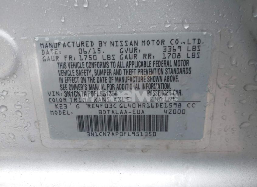 Photo 9 of 2015 Nissan Versa 1.6 S (VIN 3N1CN7AP0FL951350)