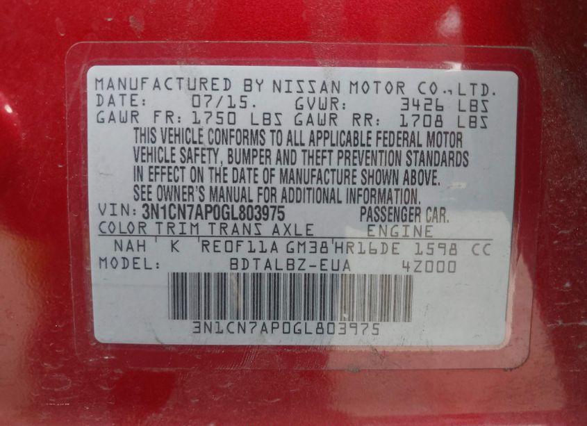 Photo 9 of 2016 Nissan Versa 1.6 S/1.6 S+/1.6 SL/1.6 SV (VIN 3N1CN7AP0GL803975)