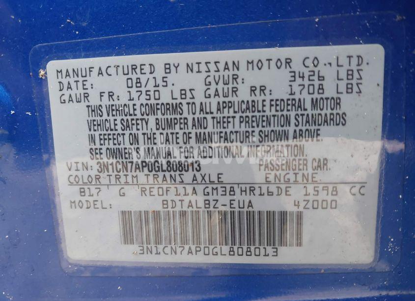 Photo 9 of 2016 Nissan Versa 1.6 S/1.6 S+/1.6 SL/1.6 SV (VIN 3N1CN7AP0GL808013)