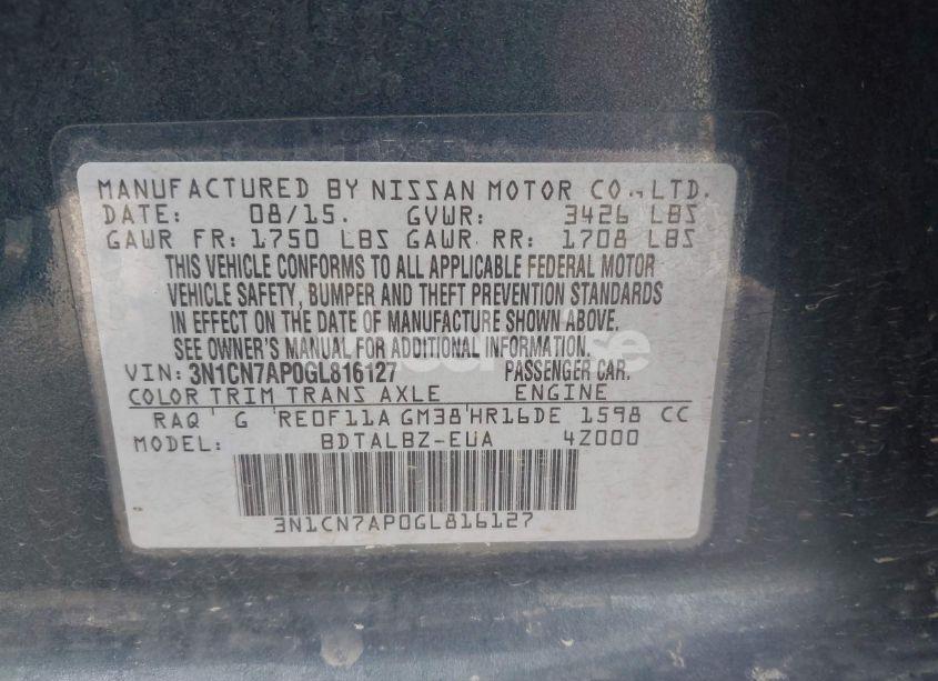 Photo 9 of 2016 Nissan Versa 1.6 S/1.6 S+/1.6 SL/1.6 SV (VIN 3N1CN7AP0GL816127)