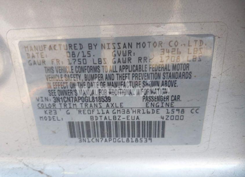 Photo 9 of 2016 Nissan Versa (VIN 3N1CN7AP0GL818539)