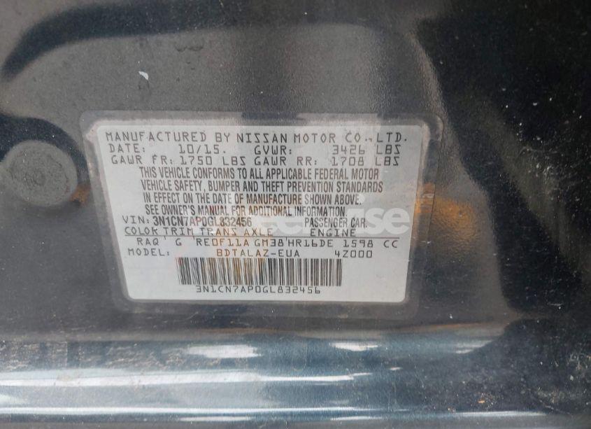 Photo 9 of 2016 Nissan Versa 1.6 S+ (VIN 3N1CN7AP0GL832456)