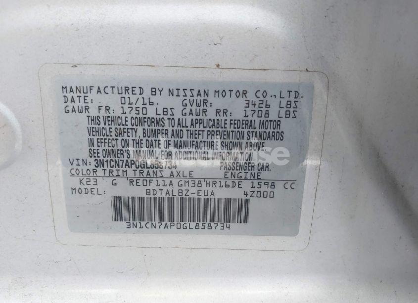 Photo 9 of 2016 Nissan Versa 1.6 SV (VIN 3N1CN7AP0GL858734)