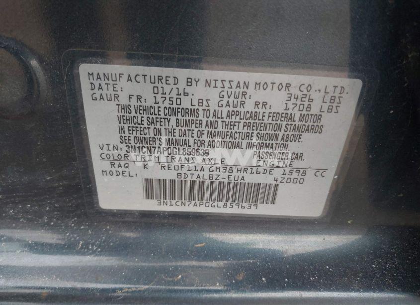 Photo 9 of 2016 Nissan Versa 1.6 SV (VIN 3N1CN7AP0GL859639)