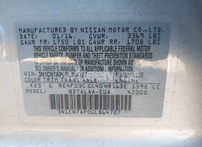 Photo 9 of 2016 Nissan Versa 1.6 S (VIN 3N1CN7AP0GL864727)