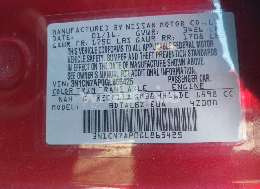 Photo 9 of 2016 Nissan Versa 1.6 SV (VIN 3N1CN7AP0GL865425)