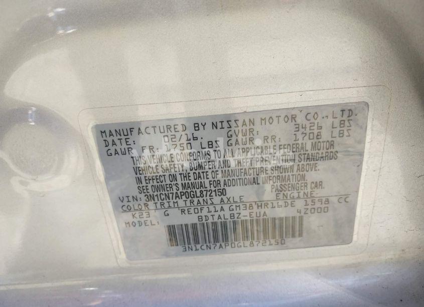 Photo 9 of 2016 Nissan Versa 1.6 S/1.6 S+/1.6 SL/1.6 SV (VIN 3N1CN7AP0GL872150)