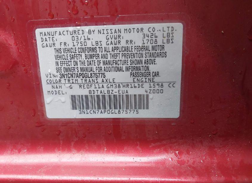 Photo 9 of 2016 Nissan Versa 1.6 S/1.6 S+/1.6 SL/1.6 SV (VIN 3N1CN7AP0GL875775)