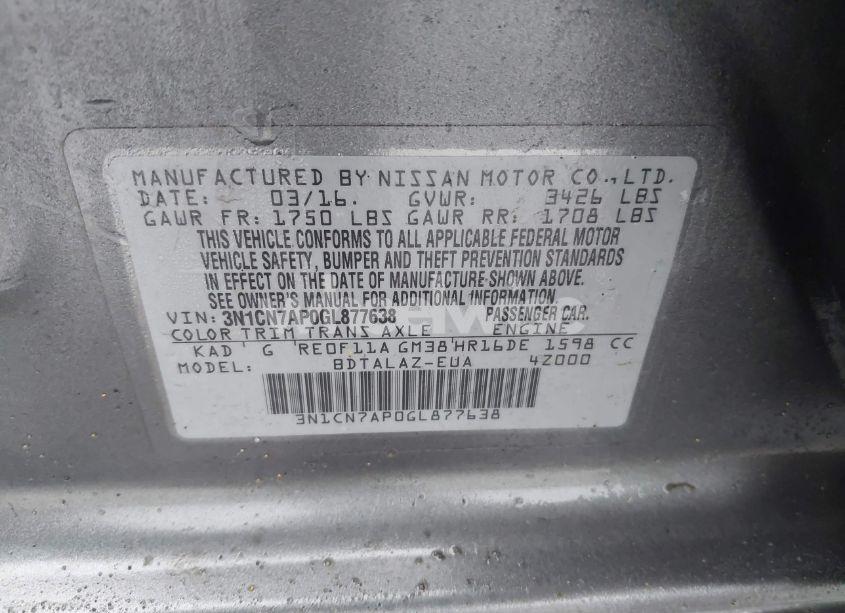 Photo 9 of 2016 Nissan Versa 1.6 S+ (VIN 3N1CN7AP0GL877638)