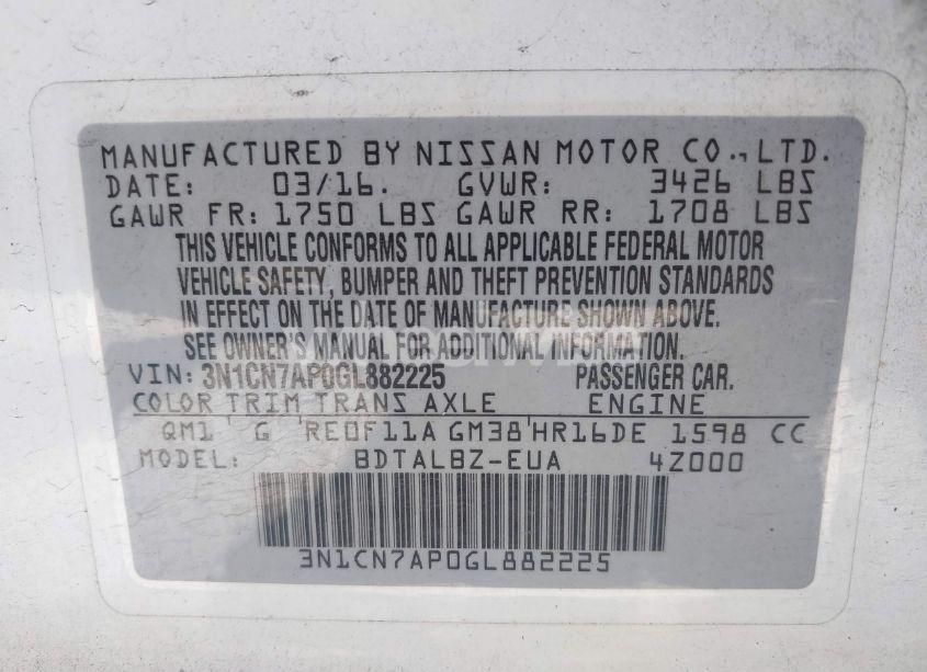 Photo 9 of 2016 Nissan Versa 1.6 SV (VIN 3N1CN7AP0GL882225)