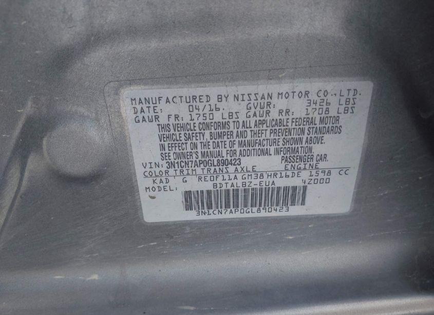 Photo 9 of 2016 Nissan Versa 1.6 SV (VIN 3N1CN7AP0GL890423)