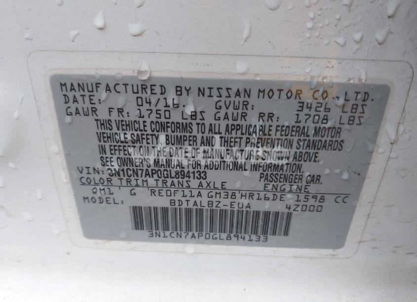 Photo 9 of 2016 Nissan Versa 1.6 SV (VIN 3N1CN7AP0GL894133)