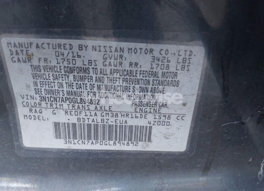 Photo 9 of 2016 Nissan Versa 1.6 S/1.6 S+/1.6 SL/1.6 SV (VIN 3N1CN7AP0GL894892)