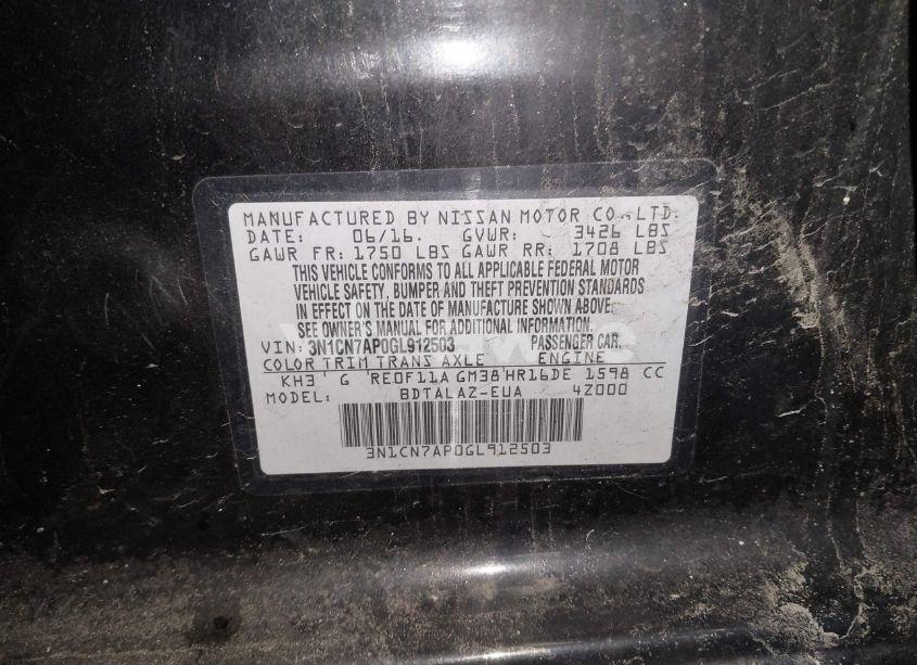 Photo 9 of 2016 Nissan Versa 1.6 S+ (VIN 3N1CN7AP0GL912503)