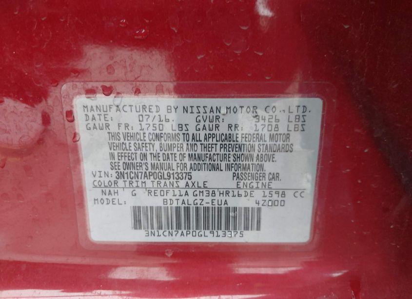 Photo 9 of 2016 Nissan Versa 1.6 SL (VIN 3N1CN7AP0GL913375)