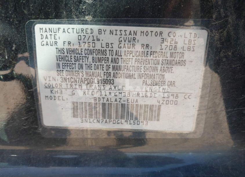 Photo 9 of 2016 Nissan Versa 1.6 S+ (VIN 3N1CN7AP0GL915093)