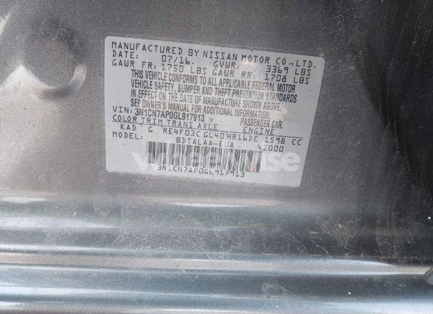 Photo 9 of 2016 Nissan Versa 1.6 S (VIN 3N1CN7AP0GL917913)