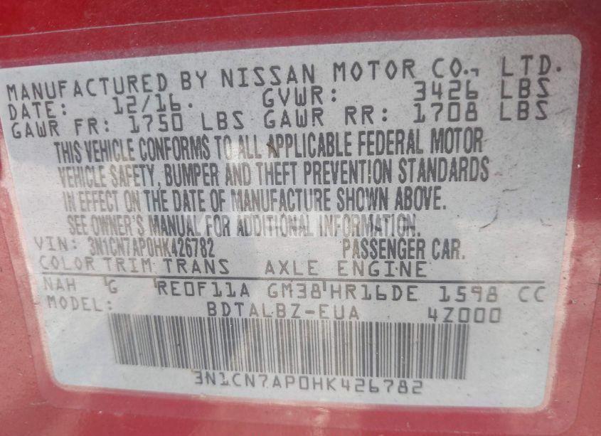 Photo 9 of 2017 Nissan Versa 1.6 SV (VIN 3N1CN7AP0HK426782)