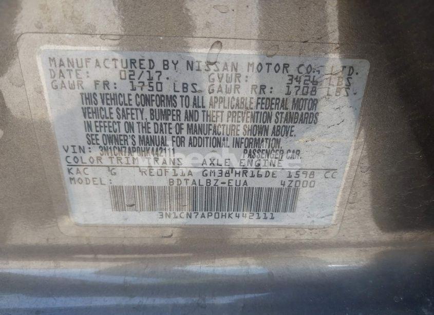 Photo 9 of 2017 Nissan Versa 1.6 SV (VIN 3N1CN7AP0HK442111)