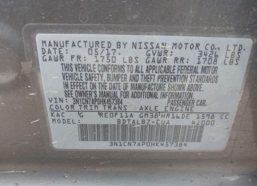 Photo 9 of 2017 Nissan Versa 1.6 SV (VIN 3N1CN7AP0HK457384)