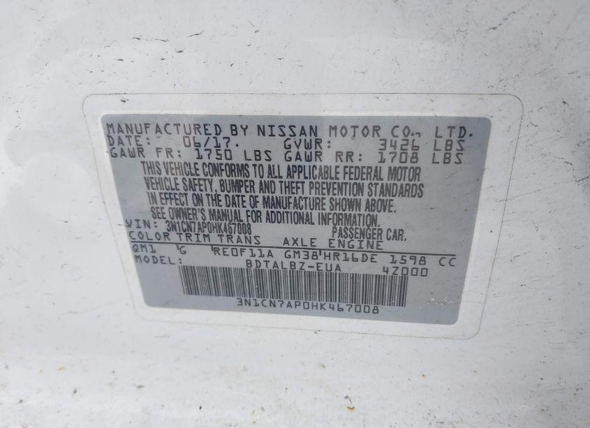 Photo 9 of 2017 Nissan Versa 1.6 SV (VIN 3N1CN7AP0HK467008)