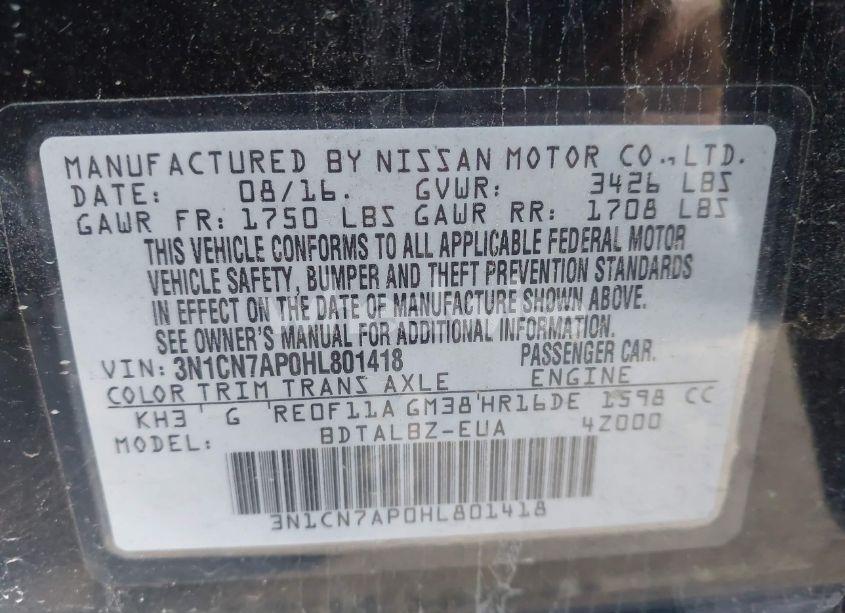 Photo 9 of 2017 Nissan Versa 1.6 S/1.6 S+/1.6 SL/1.6 SV (VIN 3N1CN7AP0HL801418)