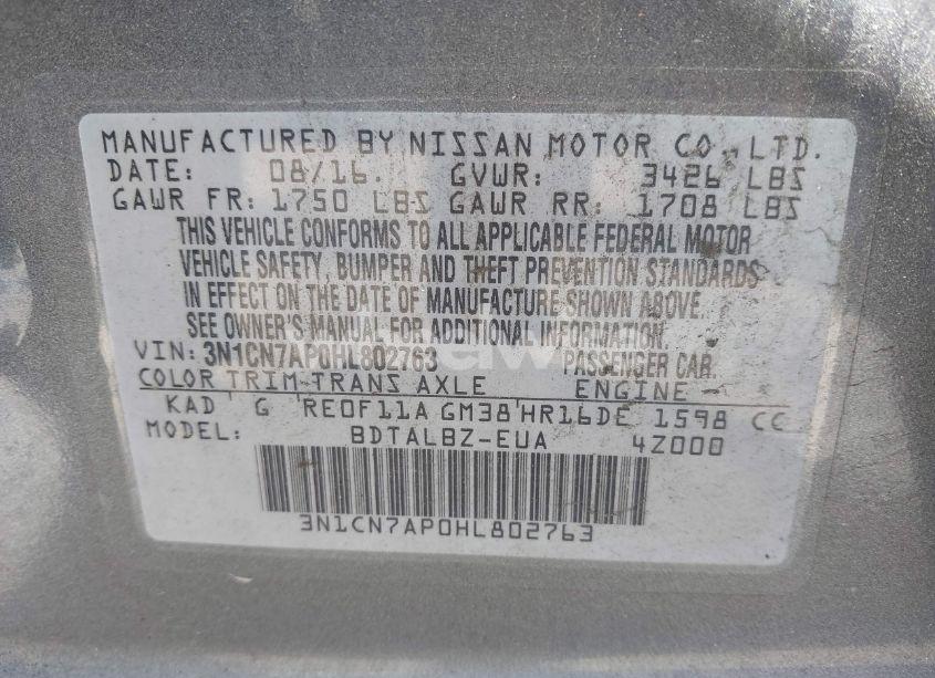 Photo 9 of 2017 Nissan Versa 1.6 S/1.6 S+/1.6 SL/1.6 SV (VIN 3N1CN7AP0HL802763)